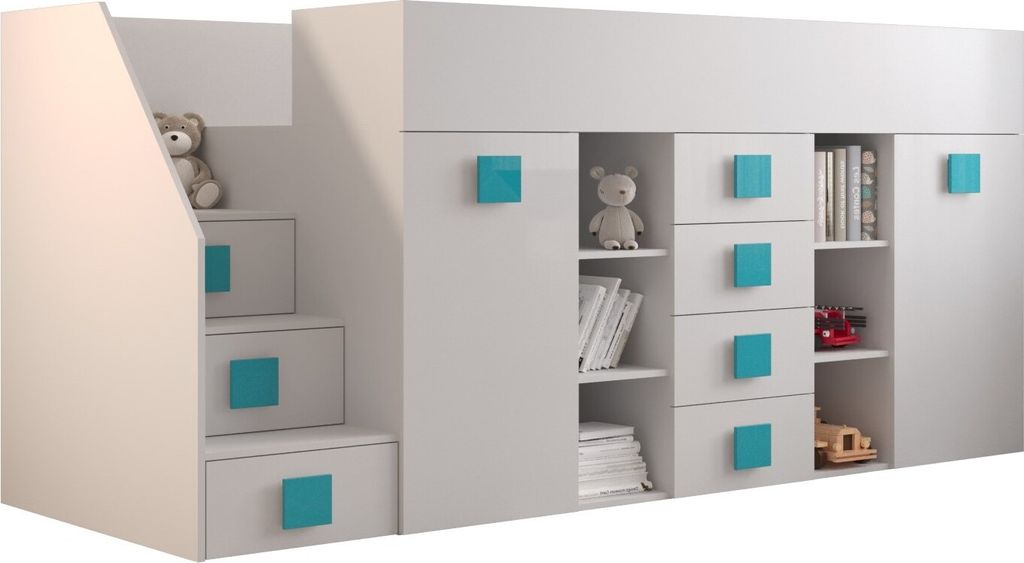 Etagenbett für Kinder Toledo 3 Stockbett mit Treppe, Schreibtisch, Bettkasten (Weiß/Weiß Glanz + türkise Griffe, Seite: Links)