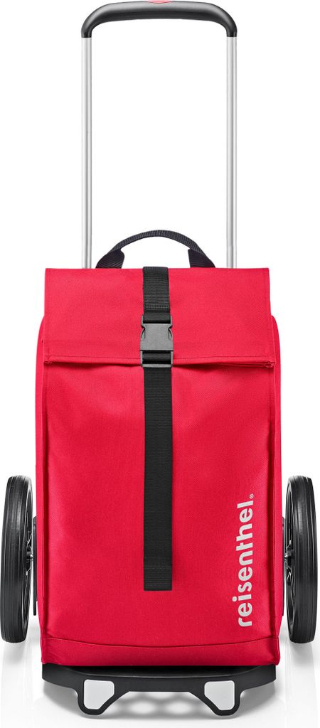 A red reisenthel shopping trolley with black wheels and handle.