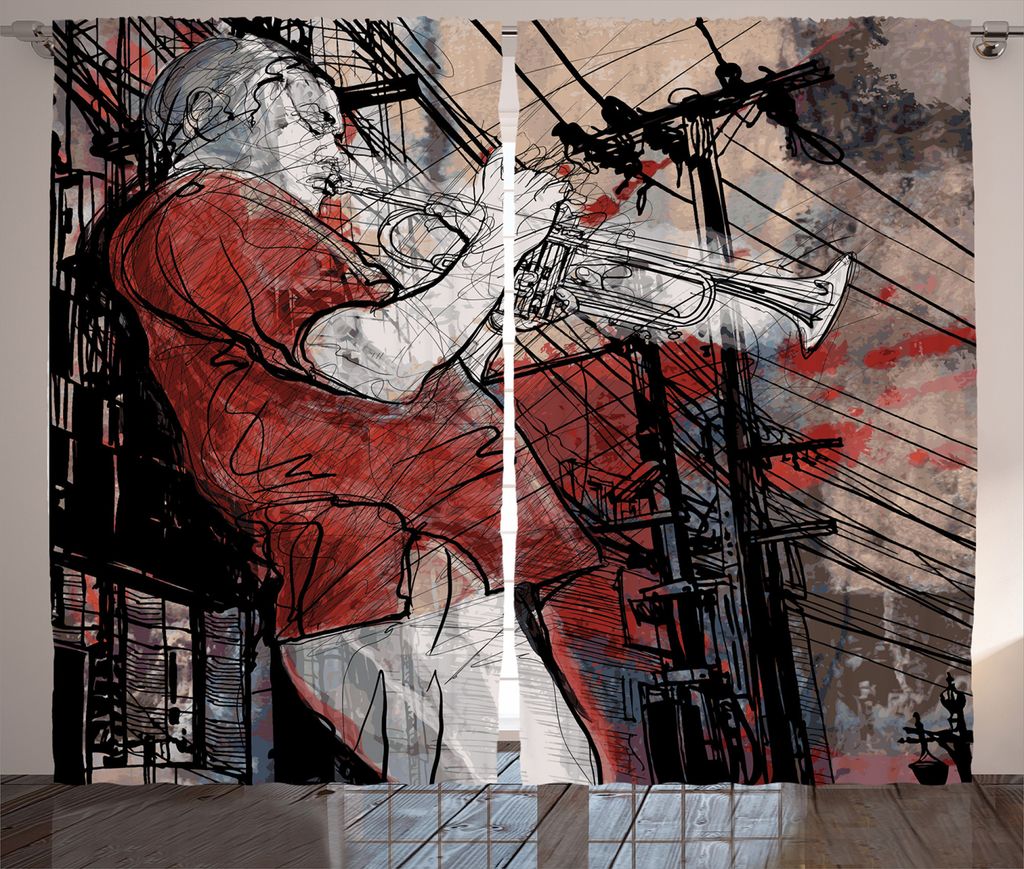 ABAKUHAUS Musik Rustikaler Vorhang, Grunge Jazz Musiker, Wohnzimmer Universalband Gardinen mit Schlaufen und Haken, 280 x 225 cm, Rot Schwarz Weiß