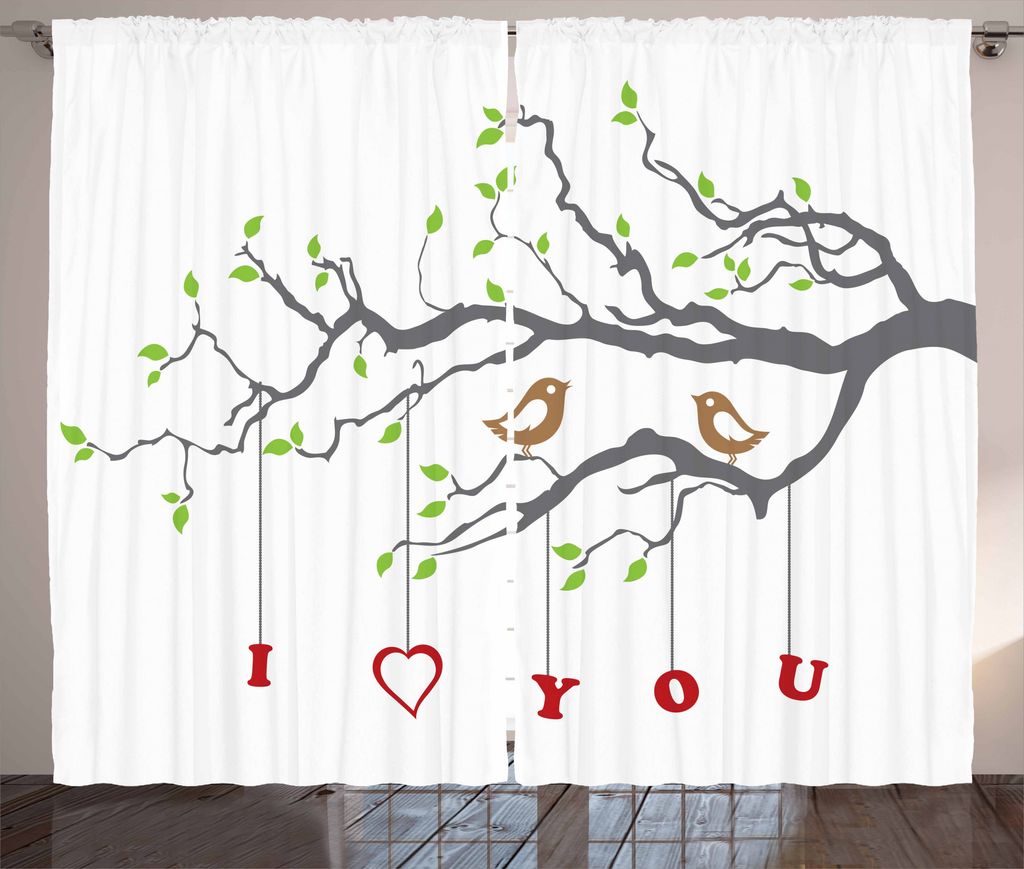 ABAKUHAUS Ich Liebe Dich Rustikaler Gardine, Romantischer Vogel-Baum, Schlafzimmer Kräuselband Vorhang mit Schlaufen und Haken, 280 x 225 cm, Farn...