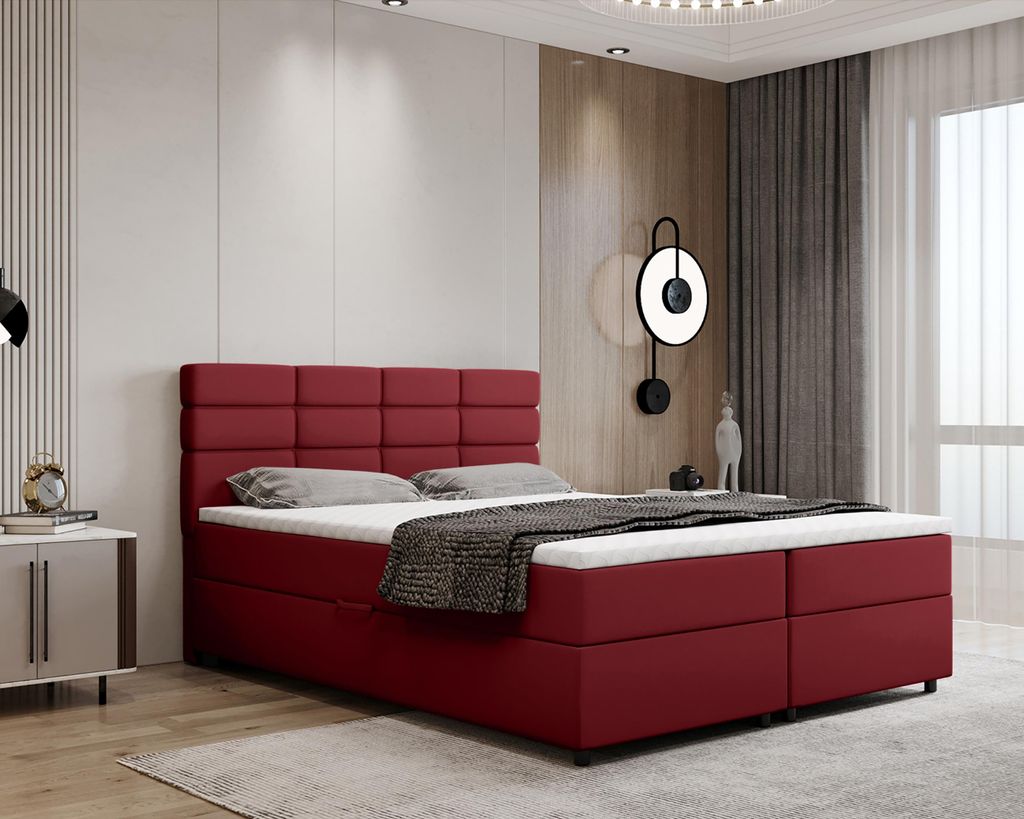 Boxspringbett 160x200, mit Bettkasten, Rot, Matratze und Topper, Doppelbett, REVE, Panda Möbel