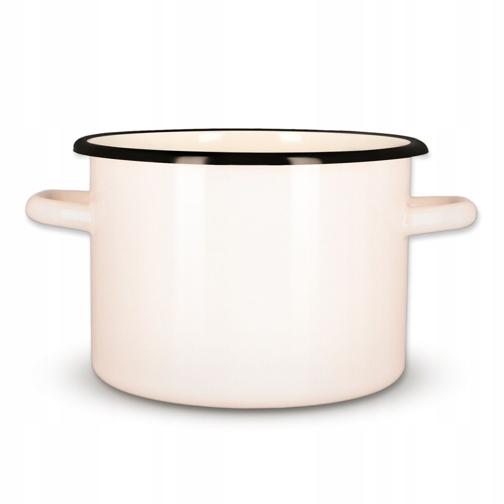 A cream-colored enamel pot with black trim and handles, shown from the front against a white background.