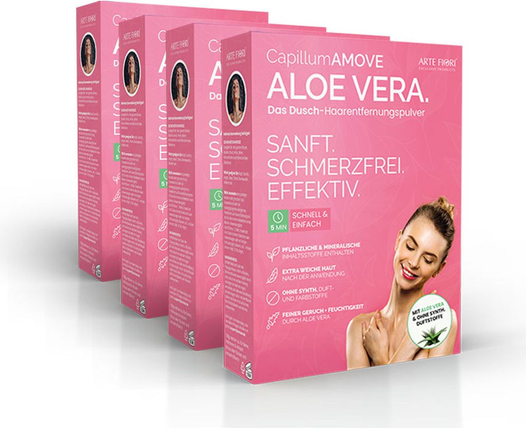 Enthaarungscreme Pulver Ganzkörper 4x300g Capillum AMOVE Aloe Vera 4er Pack schmerzfreie Dusch-Haarentfernung - Intimbereich für Mann & Frau