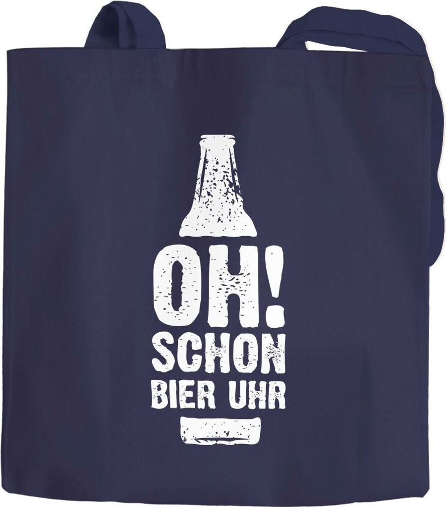Jutebeutel mit Spruch Aufdruck Oh schon Bier Uhr Baumwolltasche Stoffbeutel Tragetasche Moonworks navy unisize