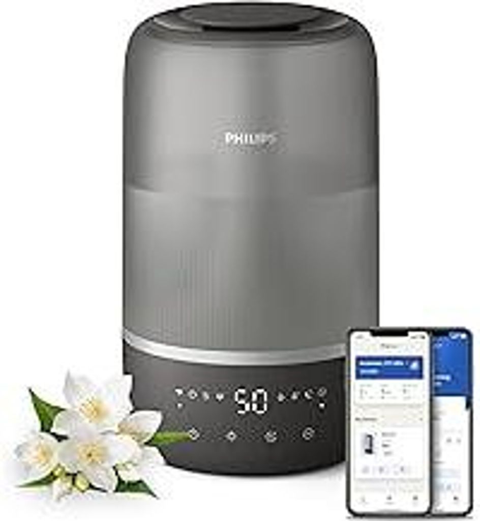 Philips Smart Humidifier - kompakt und dennoch leistungsstark mit himmelhohem Nebel, Aromatherapie, leise mit Schlaffunktion und Nachtlicht, für (...