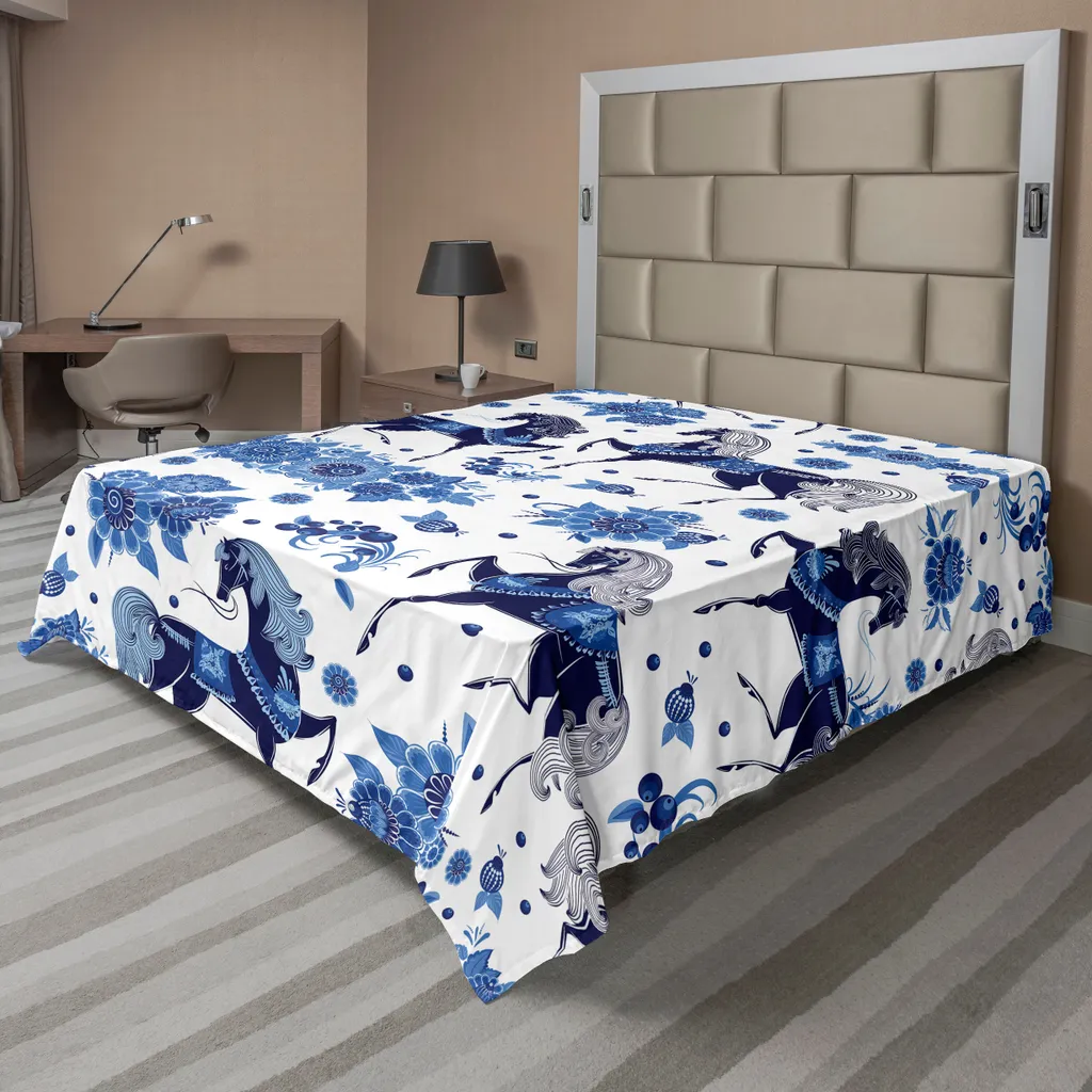 Drap plat ABAKUHAUS motif chevaux bleu foncé et blanc - 244 x 205 cm