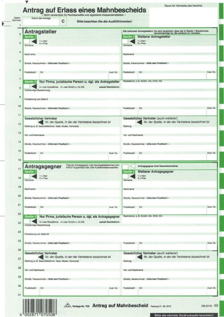 RNK Verlag 705L/10 Antrag Mahnbescheid, alle Bundesländer, Produktbild 