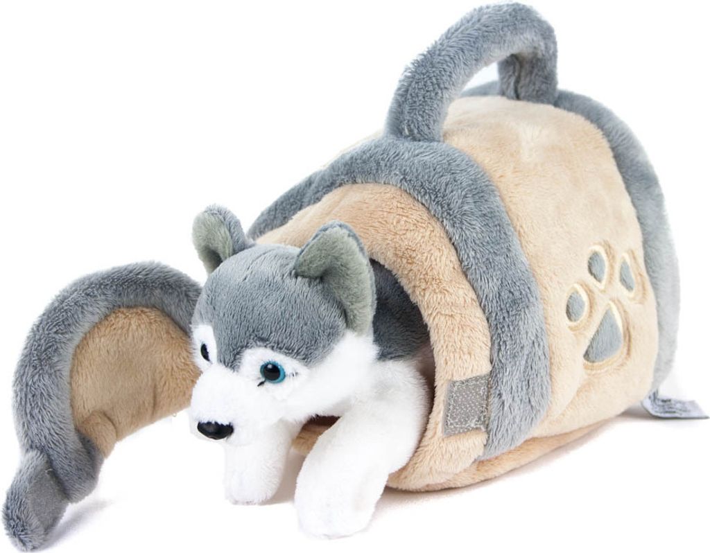 A plush husky dog toy peeking out of a plush dog house.