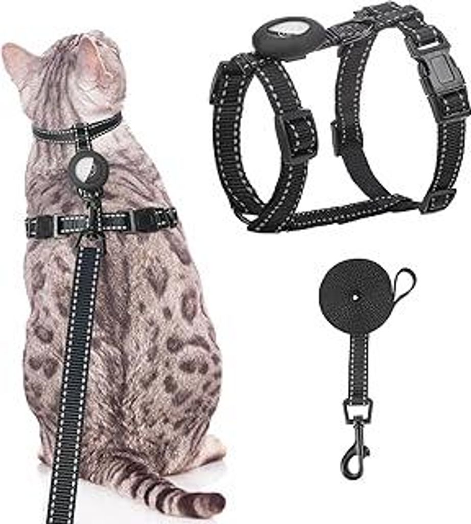 SCENEREAL Katzengeschirr und Leine, ausbruchsicher, mit Airtag-Halter, reflektierendes Haustiergeschirr zum Spazierengehen, verstellbare Kätzchen-...