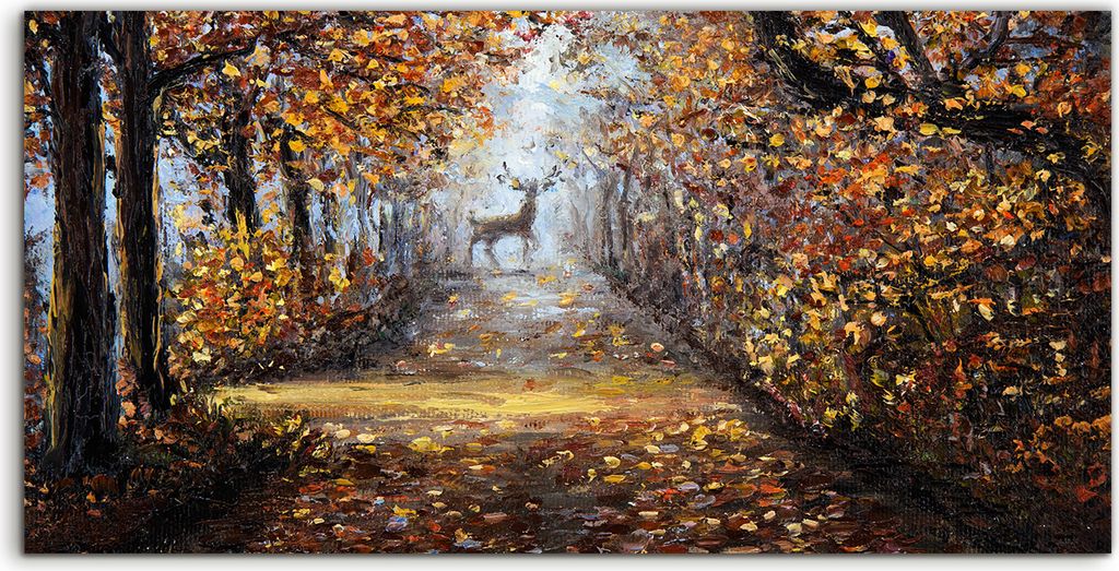 Coloray Acrylbild 140x70 Wandbild Acrylbilder Malerei Wald park Bäume Herbst Hirsche