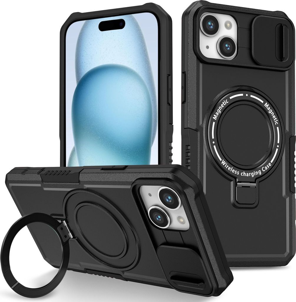 Handyhülle für iPhone 15 Plus /iPhone 14 Plus Kompatibel mit MagSafe, Robuste Hülle mit Schiebe Kamera Schutz, Magnetischer Ringständer Schwarz
