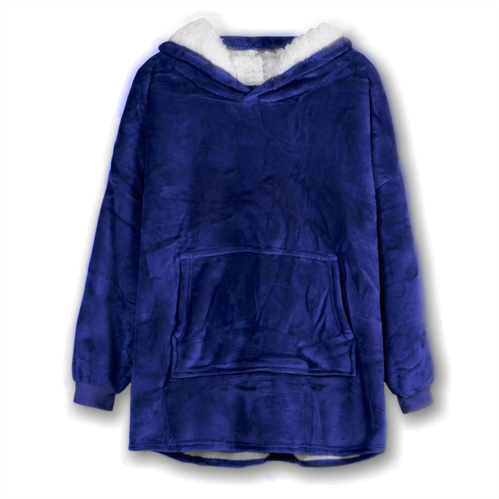 A dark blue fleece hoodie with a white fuzzy lining is laid flat against a white background.