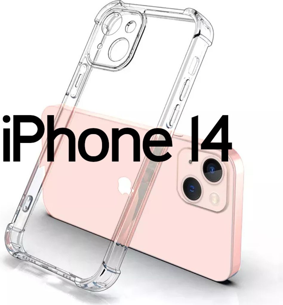 A transparent phone case is shown over a pink iPhone 14.