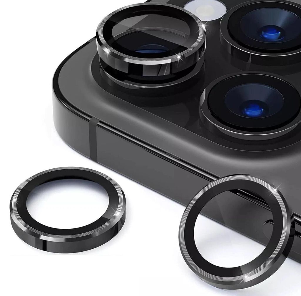 A close-up view of camera lens protectors for an iPhone 14.