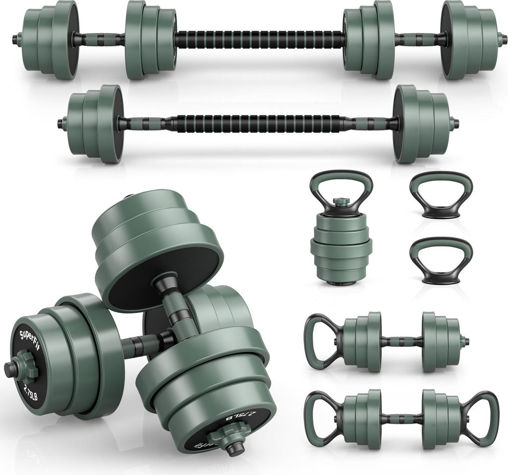 KOMFOTTEU Verstellbare Hanteln 4 in 1 Set Gewichte Gym Home inkl. Handgriffe, Langhantel, Kettlebells, Liegestütze, Büro, Krafttraining, Fitness,...