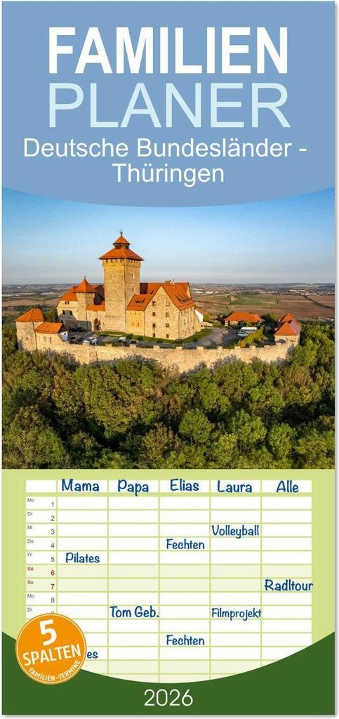 Familienplaner 2026 - Deutsche Bundesländer - Thüringen mit 5 Spalten (Wandkalender, 21 x 45 cm) CALVENDO