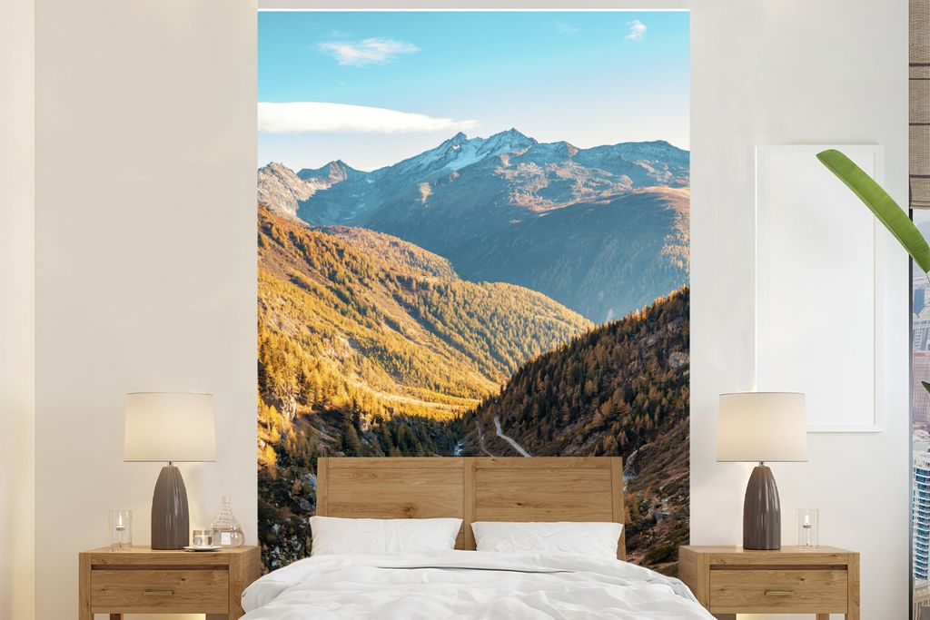 MuchoWow Fototapete für Wohnzimmer oder Schlafzimmer Wandtapete Vinyl Motivtapete Alpen - Gebirge - Straße - 160x240 cm - Vinyltapete