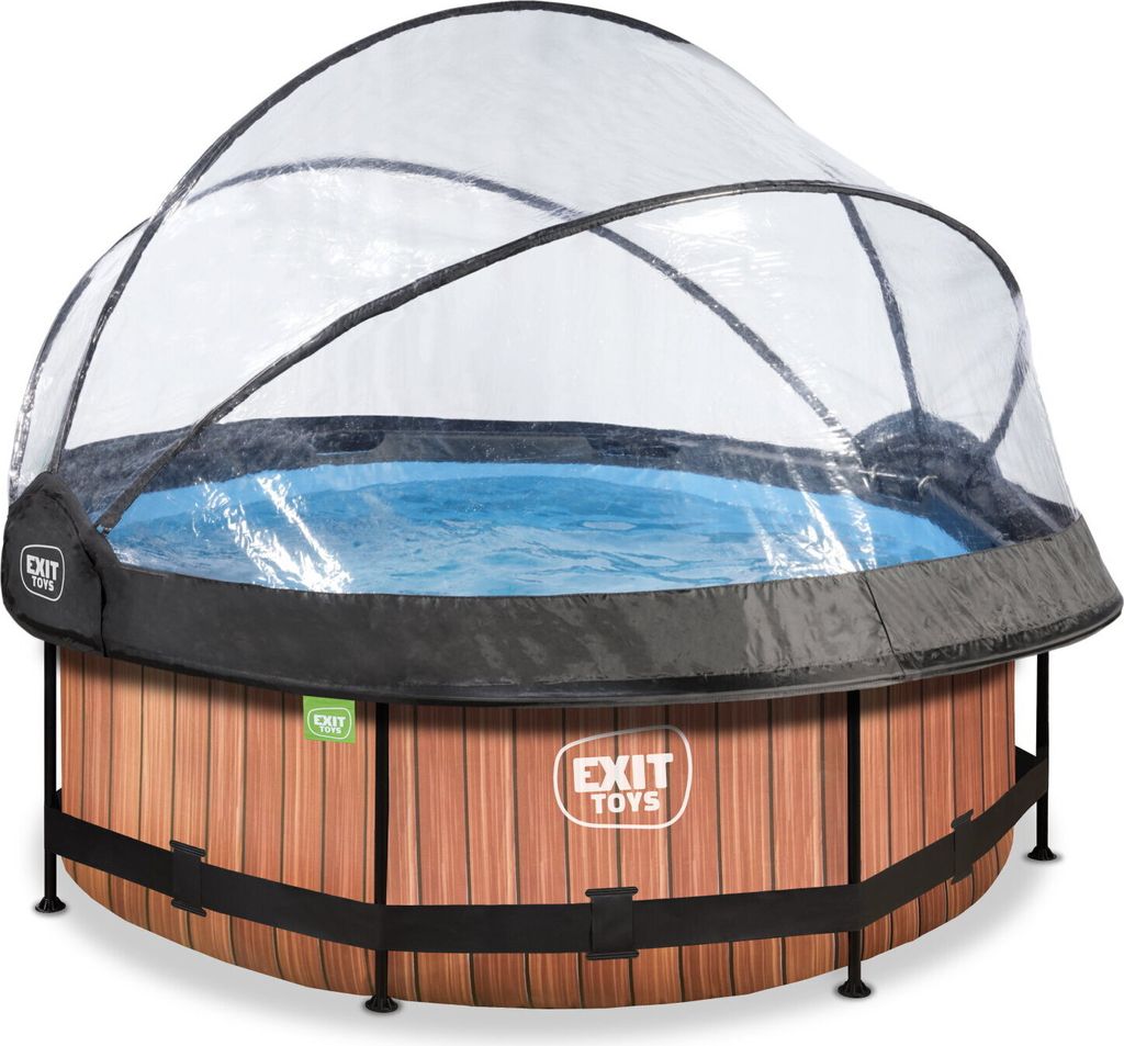 A round wooden pool with a clear dome cover.