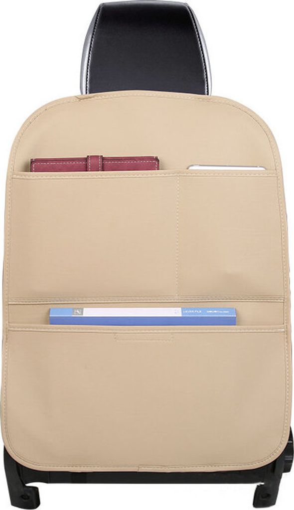 The back of a car seat organizer in beige, with a burgundy wallet and a blue folder inserted into its pockets.