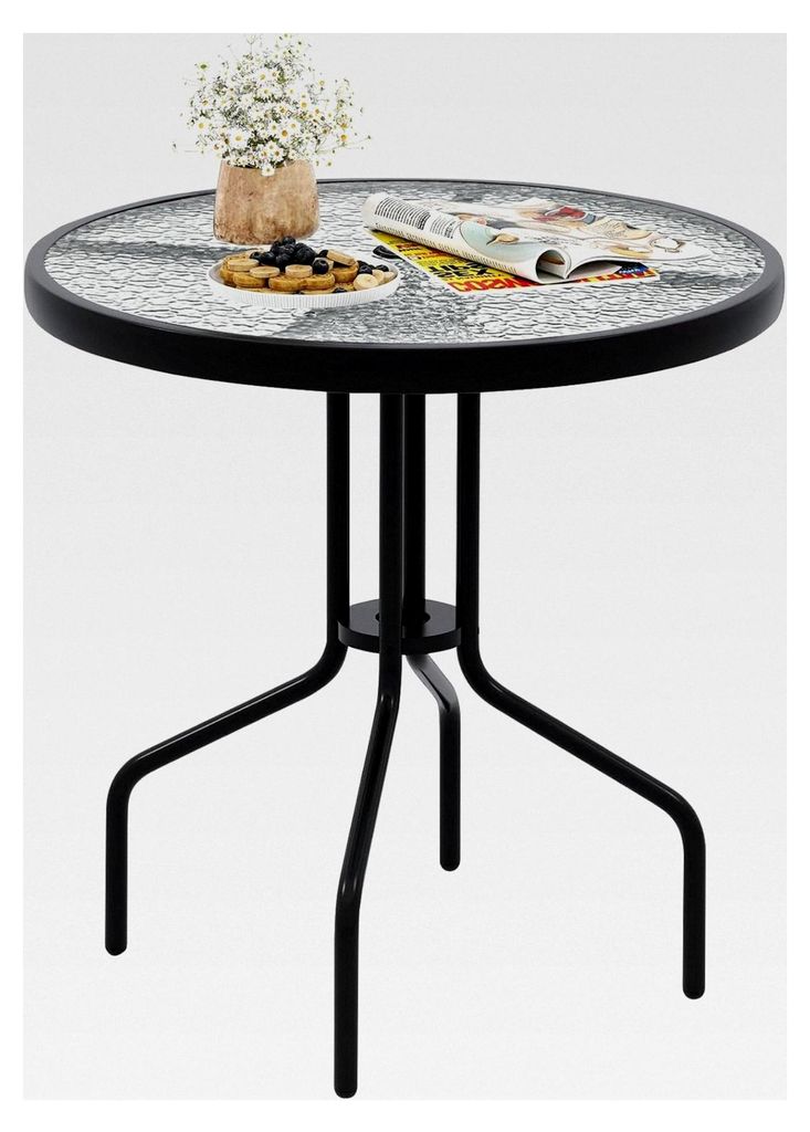 Gartentisch mit Schirmloch, 70x70x71cm, Bistrotisch aus gehärtetem Glas, runder Balkontisch, Terrassentisch, Outdoor-Esstisch für Terrasse, Garte...