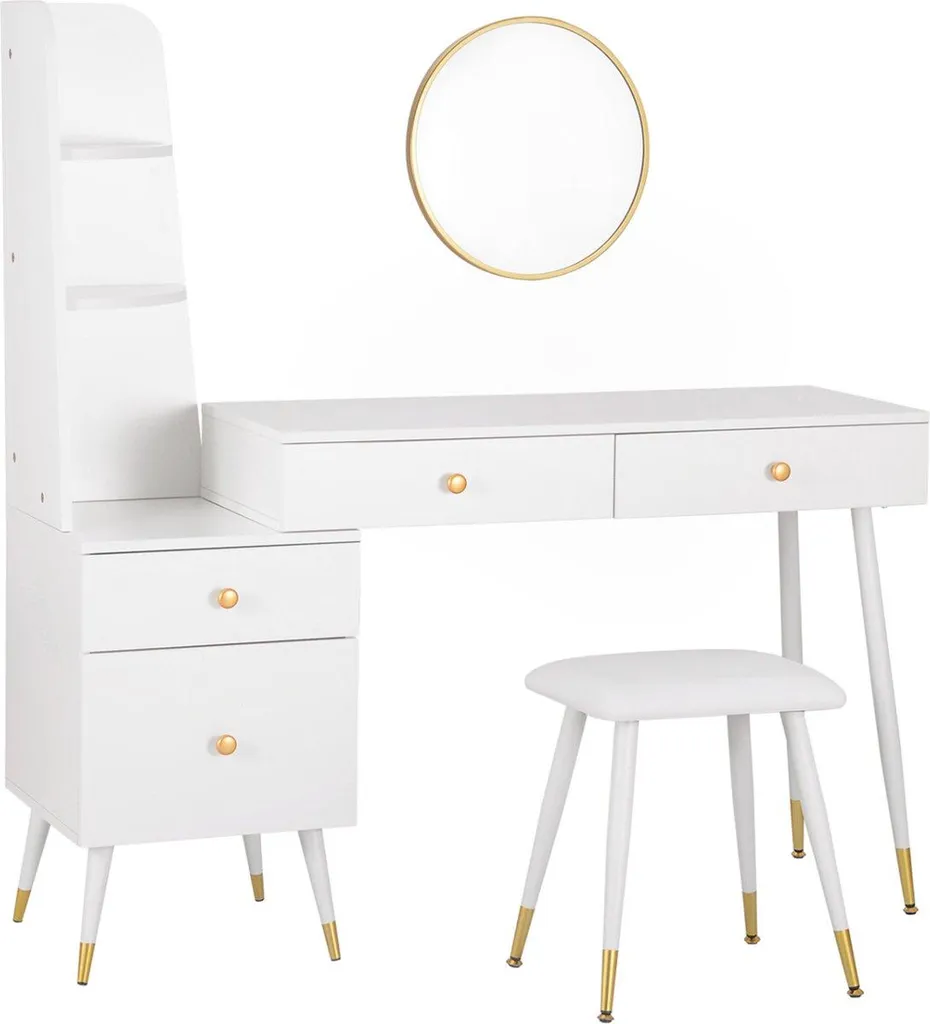 Table de maquillage blanche Happyment Diva avec grand miroir et siège