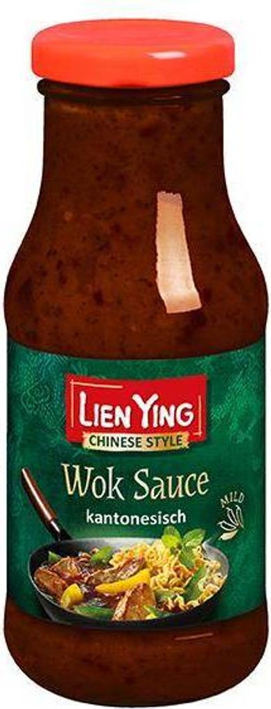 A bottle of Lien Ying Wok Sauce with a label showing a wok dish.