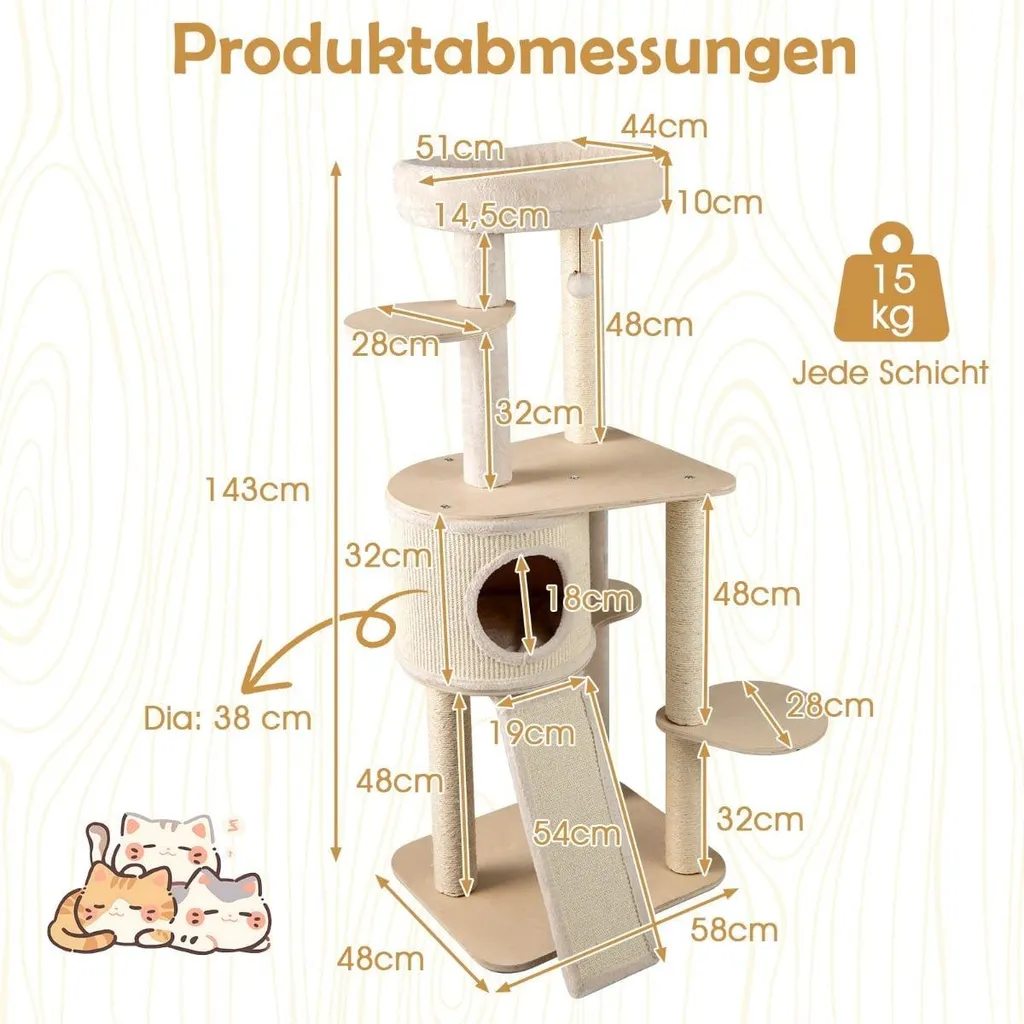 Arbre à chat en bois avec poteaux en sisal et niche de repos - 143 cm