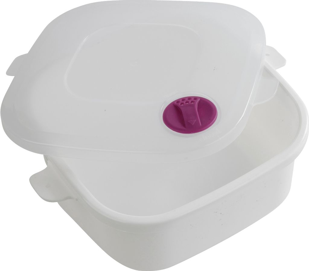 A white square microwave-safe container with a clear lid and a purple vent.