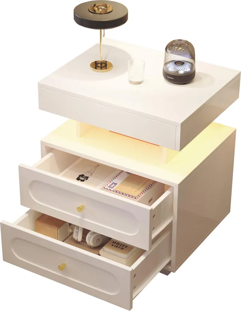 Commode de nuit blanche à LED avec compartiment ouvert et double tiroir - 11