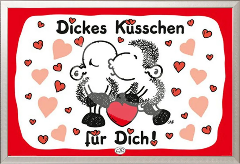 Sheepworld - Poster - Big kiss + cornice rimovibile, Shinsuke® Maxi alluminio argento, vetro acrilico