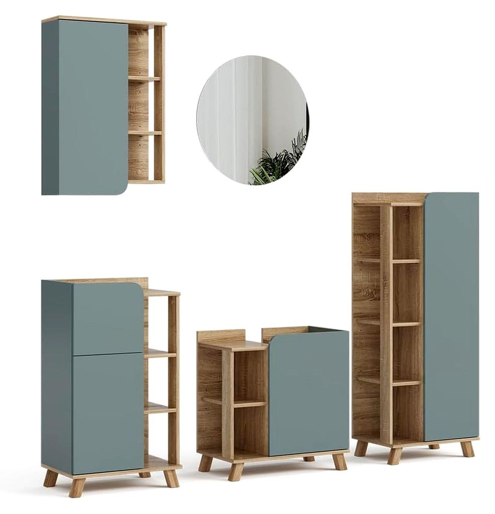 Badmöbel-Set Karen, Sonoma/Blau, 5 Teile, bestehend aus Waschbeckenunterschrank, Spiegelschrank, Badschrank, Midischrank und Hängeschrank