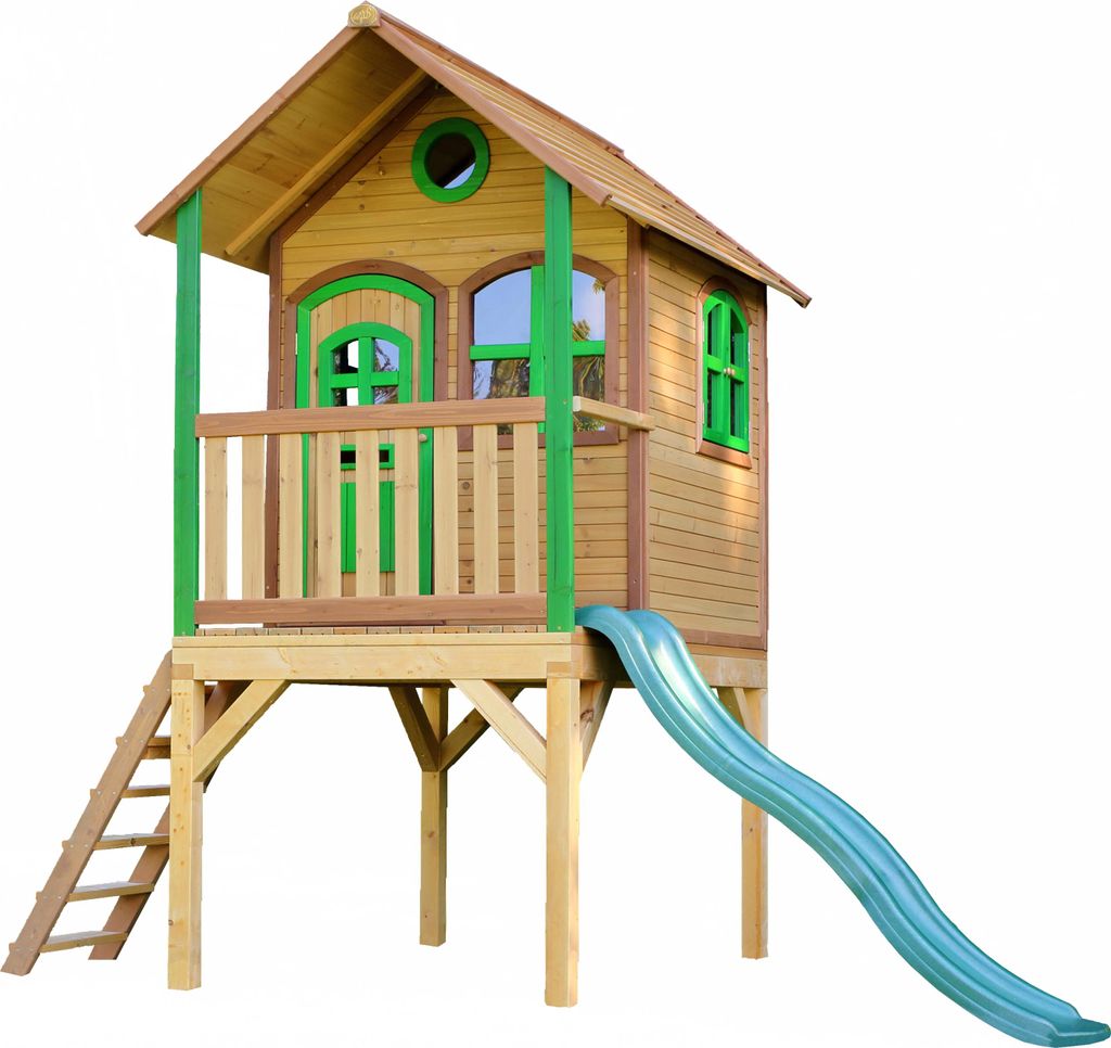 AXI Spielhaus Laura mit grüner Rutsche | Stelzenhaus in Braun & Grün aus Holz für Kinder | Spielturm mit Wellenrutsche für den Garten