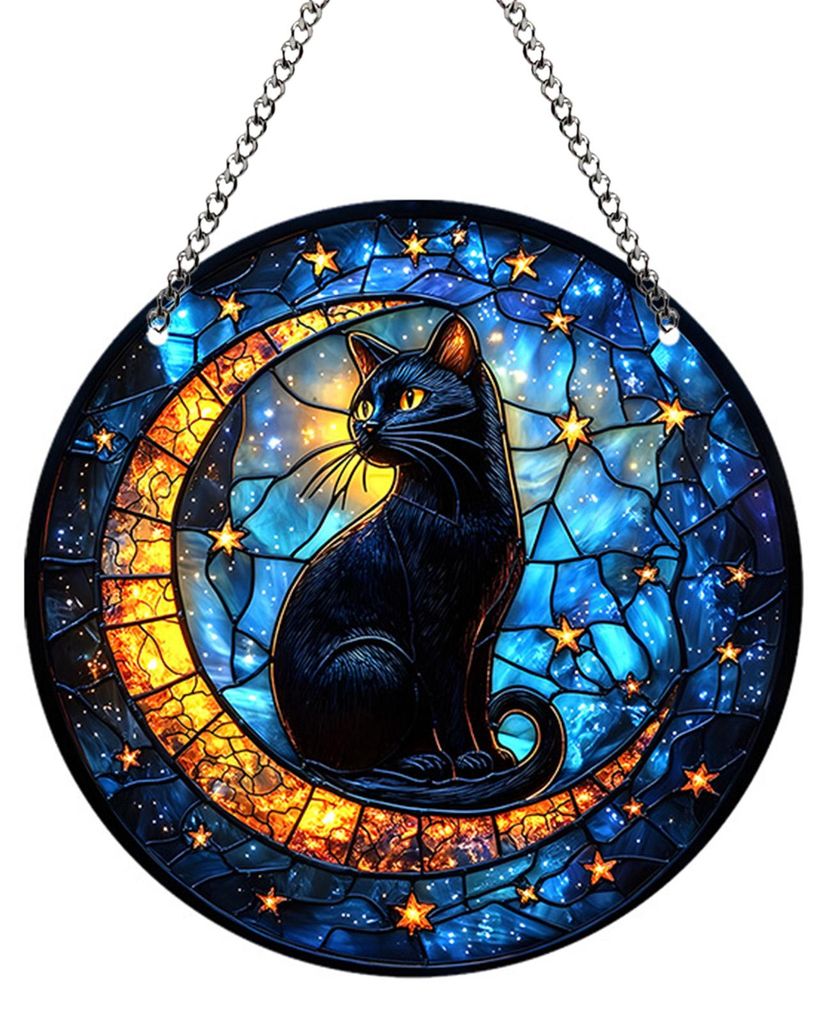 Halloween-Hexen-Hängeschild mit schwarzer Katze, 2D-flaches Acryl-Besen-Hexen-Rundschild, für drinnen und draußen, Türhänger, Wanddekoration