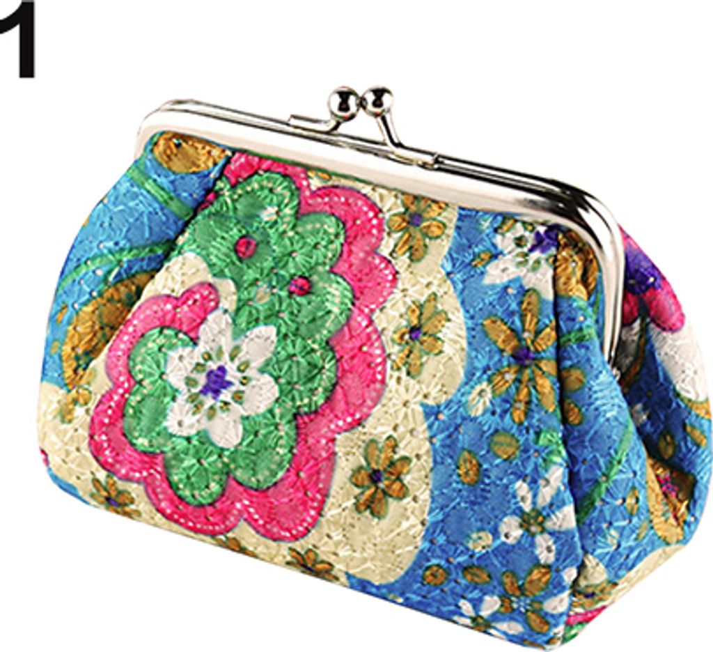 Damenmode Nette Blumen Gestickte Hülle Brieftasche Karte Schlüssel Beutel Geldbörse Blau