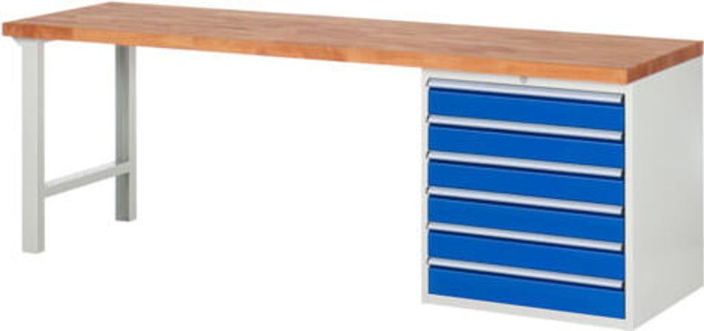 Werkbank mit 6 XL Schubladen - Vollauszug - 120:6 - 840 x 2.500 x 700 mm (HxBxT) - Traglast 1.000 kg - Buche