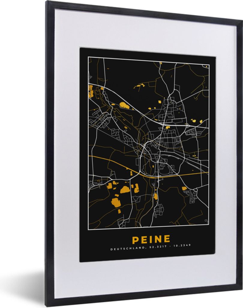 MuchoWow Gerahmtes Poster Peine - Stadtplan - Schwarz und Gold - Karte - Deutschland - Karte 30x40 cm - Poster mit Schwarzem Bilderrahmen Wandpos...