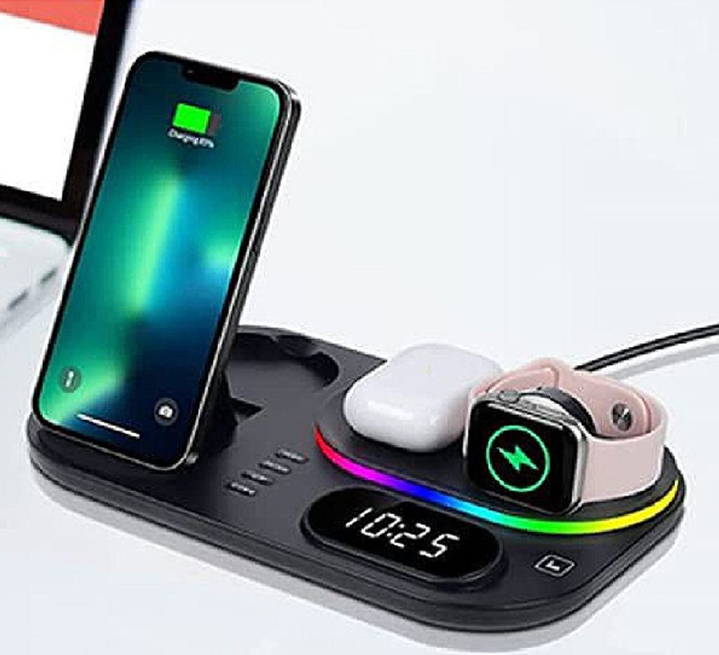 A multi-device wireless charging station with a smartphone, wireless earbuds case, and smartwatch placed on it. The station has a digital clock and LED lighting.