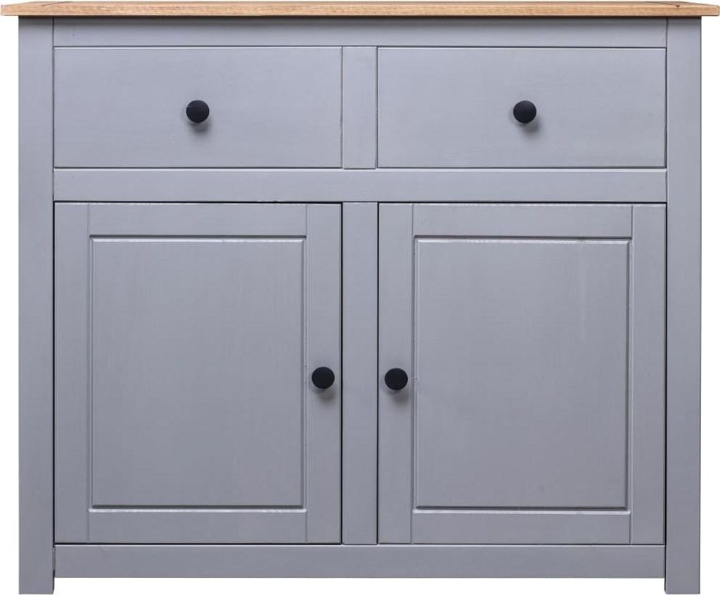 A front view of a gray sideboard with a wooden top.