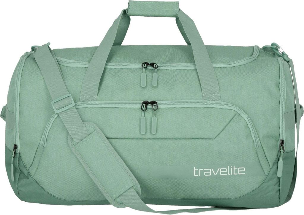 A green duffel bag with the brand name 'travelite' printed on it.