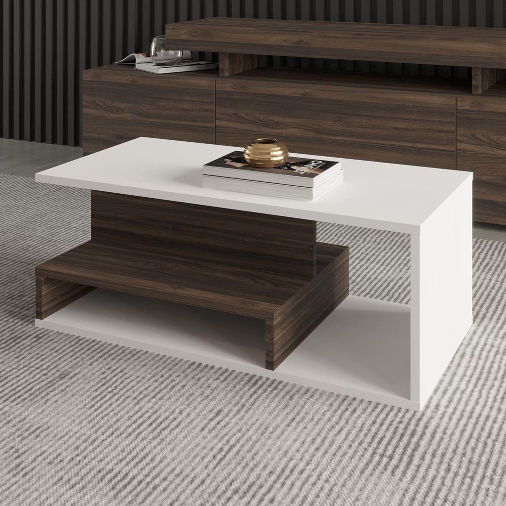 Skye Decor, Hochwertiger Couchtisch, 90 x 35 x 44,8 cm, Weiß und Walnuss | 100% melaminbeschichtete Spanplatte, Stärke: 18 mm | Ideal für modern...