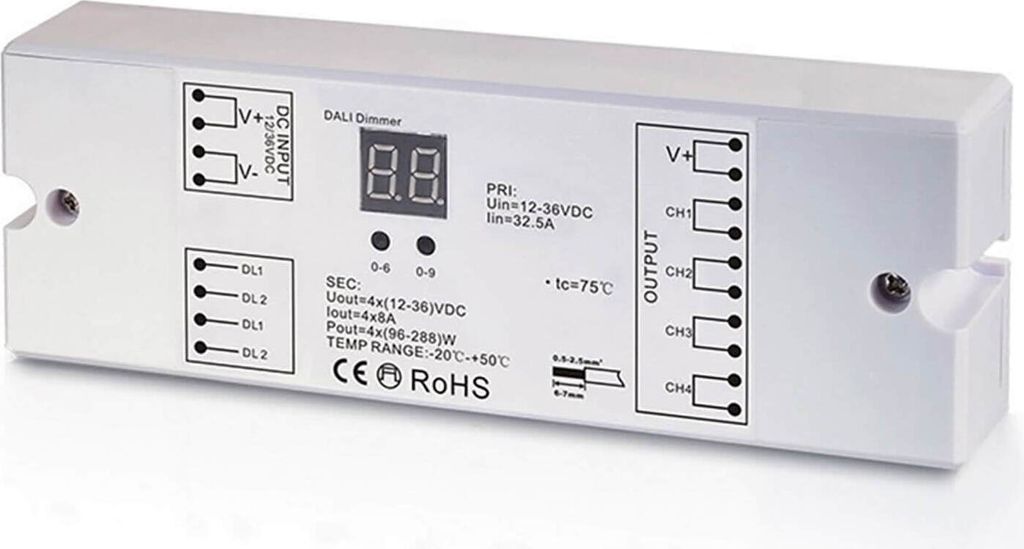 ISOLED DALI DT6 1 oder 4 Adressen PWM-Dimmer, 1 oder 4 Kanal, 12-36V 4x8A, 48V 4x4A