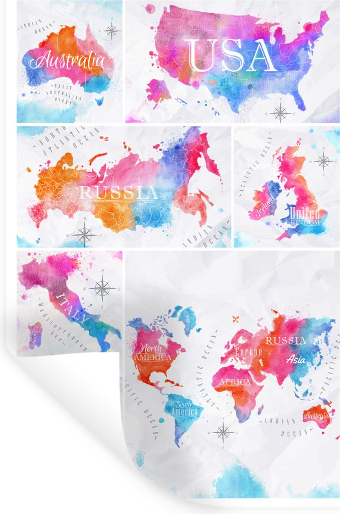 MuchoWow Wandtattoo Wandsticker Wandaufkleber Karten - Collage - Aquarell 60x90 cm Selbstklebend und Repositionierbar - Sticker - Dekorfolie