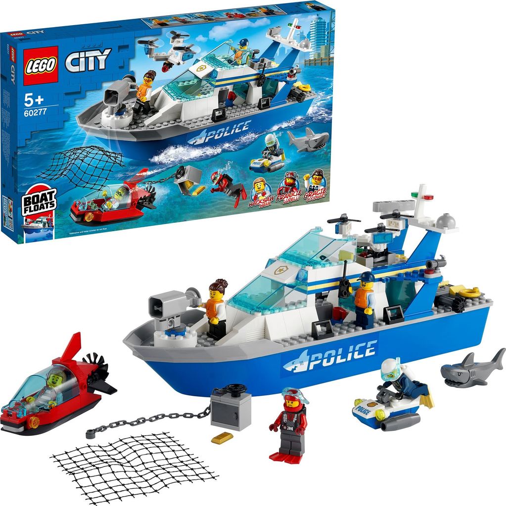 LEGO 60277 City Polizeiboot Spielzeug mit Drohne, Wasserscooter und Mini-U-Boot, Polizei-Verfolgungsfahrzeuge