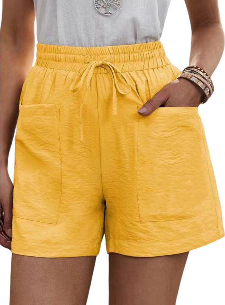 ASKSA Damen Shorts Sommer Lässige Sport Kurze Hose Einfarbig Hoher Taille Lockere Kordelzug mit Taschen, Gelb, L