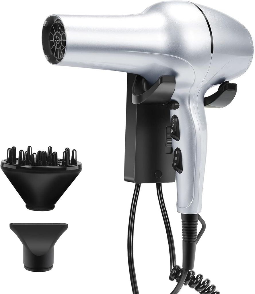 QL Föhn, 2200W Ionen Haartrockner mit Halterung und Diffusor, Wandfön mit bürstenlosem AC Motor, ideal für Hotel, Haus und Salon, Silber