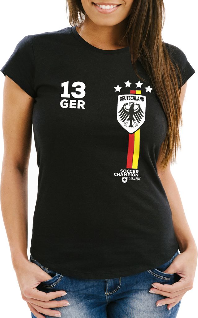 Damen T-Shirt Fanshirt Fußball EM WM Deutschland Trikot Slim Fit MoonWorks schwarz S