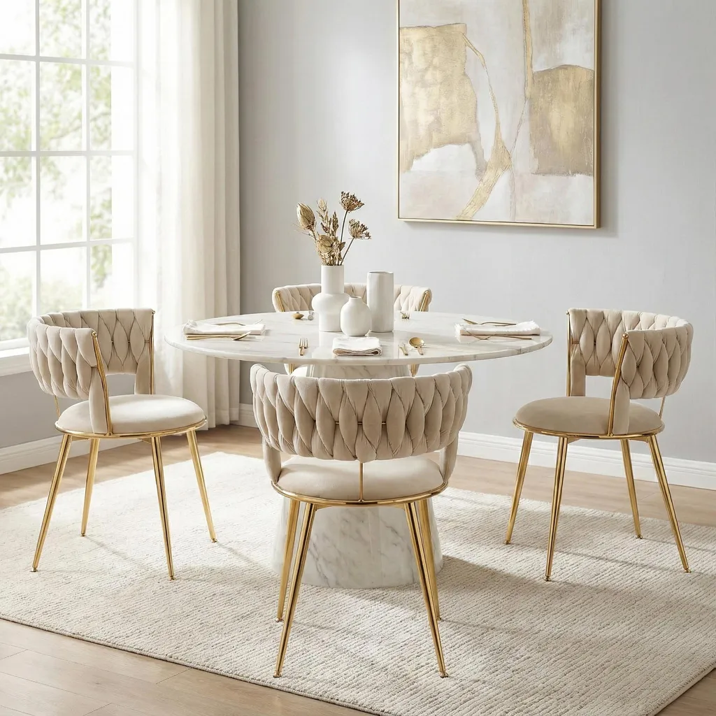 Chaise de Cuisine Rembourrée en Velours avec Pieds en Métal Doré x4