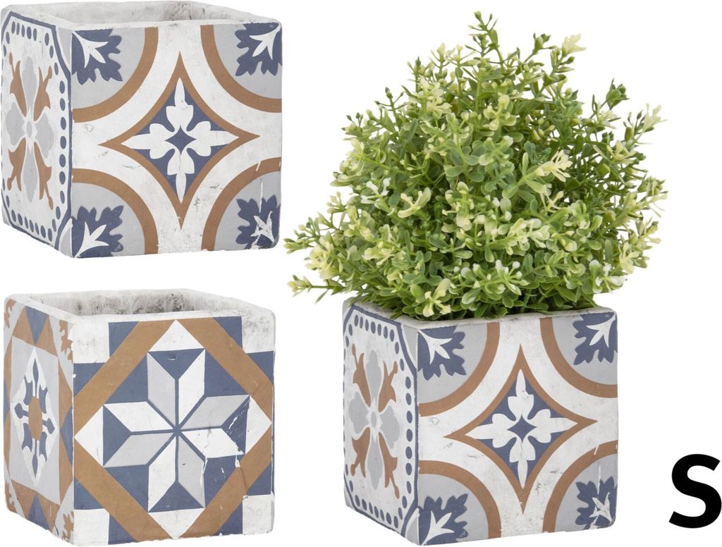 Esschert Design Blumentopf‚ Portugiesische Kacheln aus Beton, Größe S, 11,3 x 11,3 x 10,9 cm, quadratischer Blumentopf, Pflanztopf