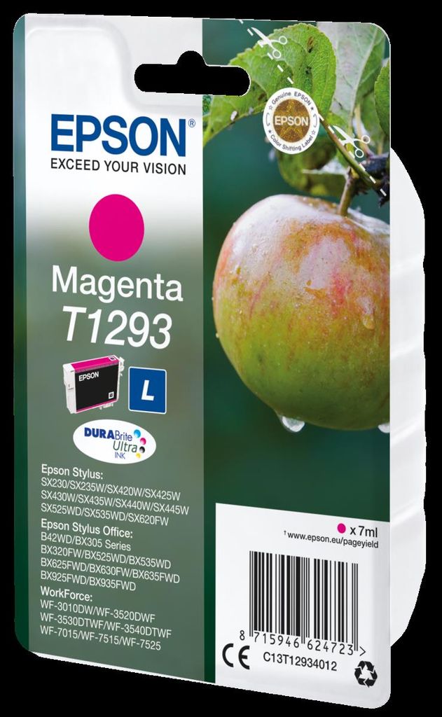 The image shows the retail packaging of an Epson T1293 magenta ink cartridge, featuring a close-up of an apple on a branch.