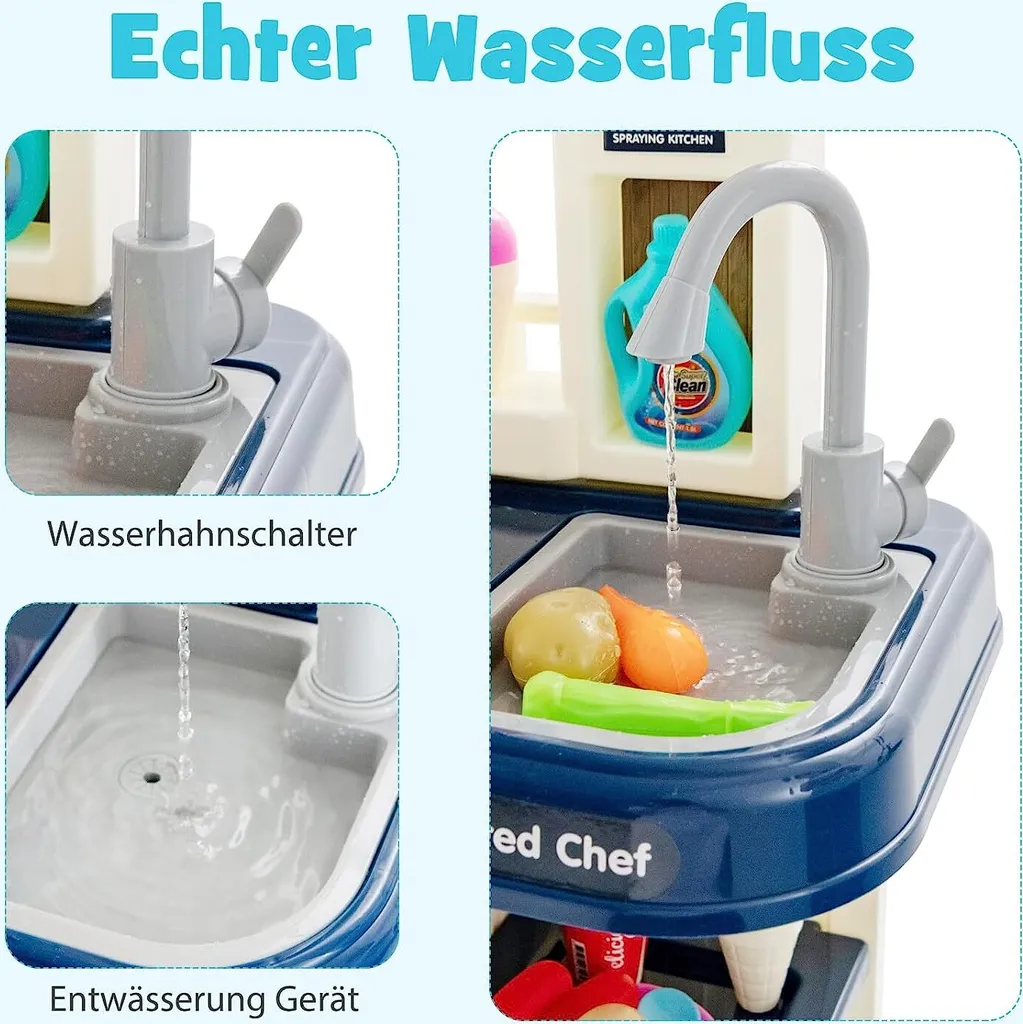 Grande cuisine enfant bleue 65 accessoires avec pompe à eau et lumières - 3